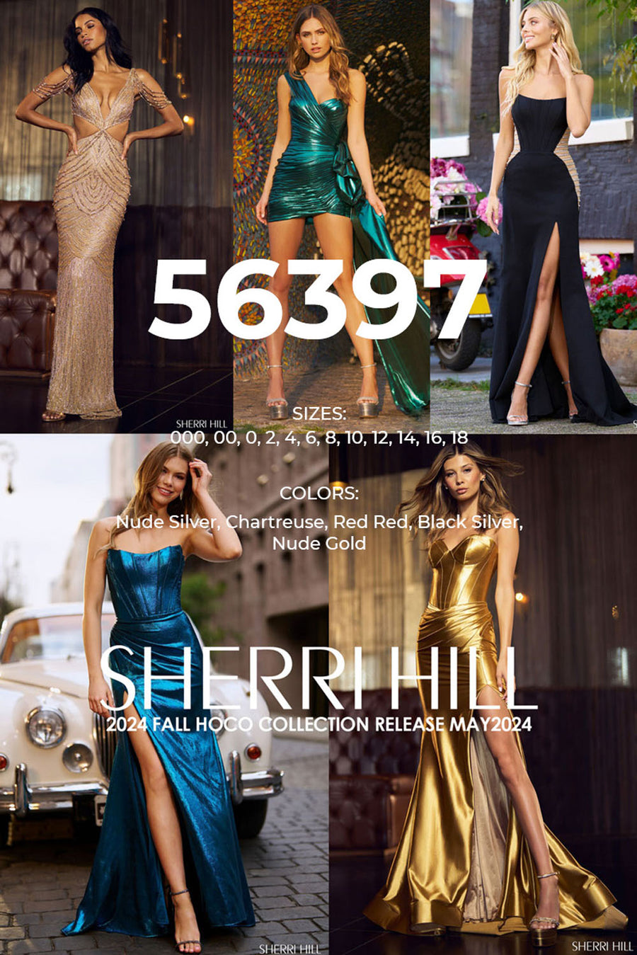 Sherri Hill 56397 prom dress images.  Sherri Hill 56397 is available in these colors: Nude Silver, Chartreuse, Red Red, Black Silver, Nude Gold.