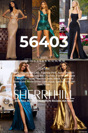 Sherri Hill 56403 prom dress images.  Sherri Hill 56403 is available in these colors: Gold, Periwinkle Lilac, Fuchsia Pink, Ivory Gold Silver, Nude Silver Gold, Red Fuchsia, Fuchsia, Purple Lilac, Lilac, Jade, Peacock Jade, Black Gunmetal Silver Gold, Nude Silver Gold Aqua, Candy Pink, Yellow, Silver.