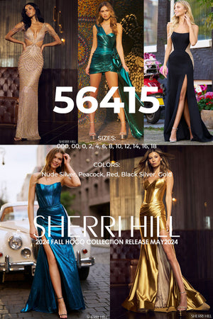 Sherri Hill 56415 prom dress images.  Sherri Hill 56415 is available in these colors: Nude Silver, Peacock, Red, Black Silver, Gold.