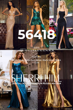 Sherri Hill 56418 prom dress images.  Sherri Hill 56418 is available in these colors: Nude Silver, Gold, Ivory Silver, Black Silver, Black Gold.