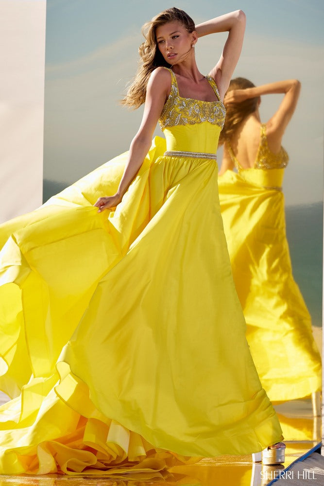 Sherri Hill 56434 prom dress images. Sherri Hill 56434 is available in these colors: Fuchsia, Lilac, Bright Fuchsia, Yellow, Peacock, Chartreuse.