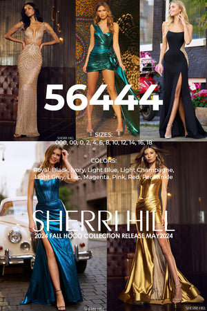 Sherri Hill 56444 prom dress images.  Sherri Hill 56444 is available in these colors: Royal, Black, Ivory, Light Blue, Light Champagne, Light Grey, Lilac, Magenta, Pink, Red, Periwinkle.