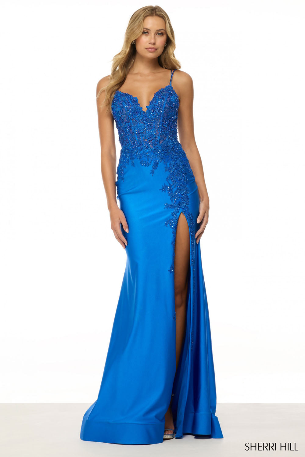 Sherri Hill 56448 prom dress images. Sherri Hill 56448 is available in these colors: Light Blue, Royal, Red, Black, Navy, Lilac.