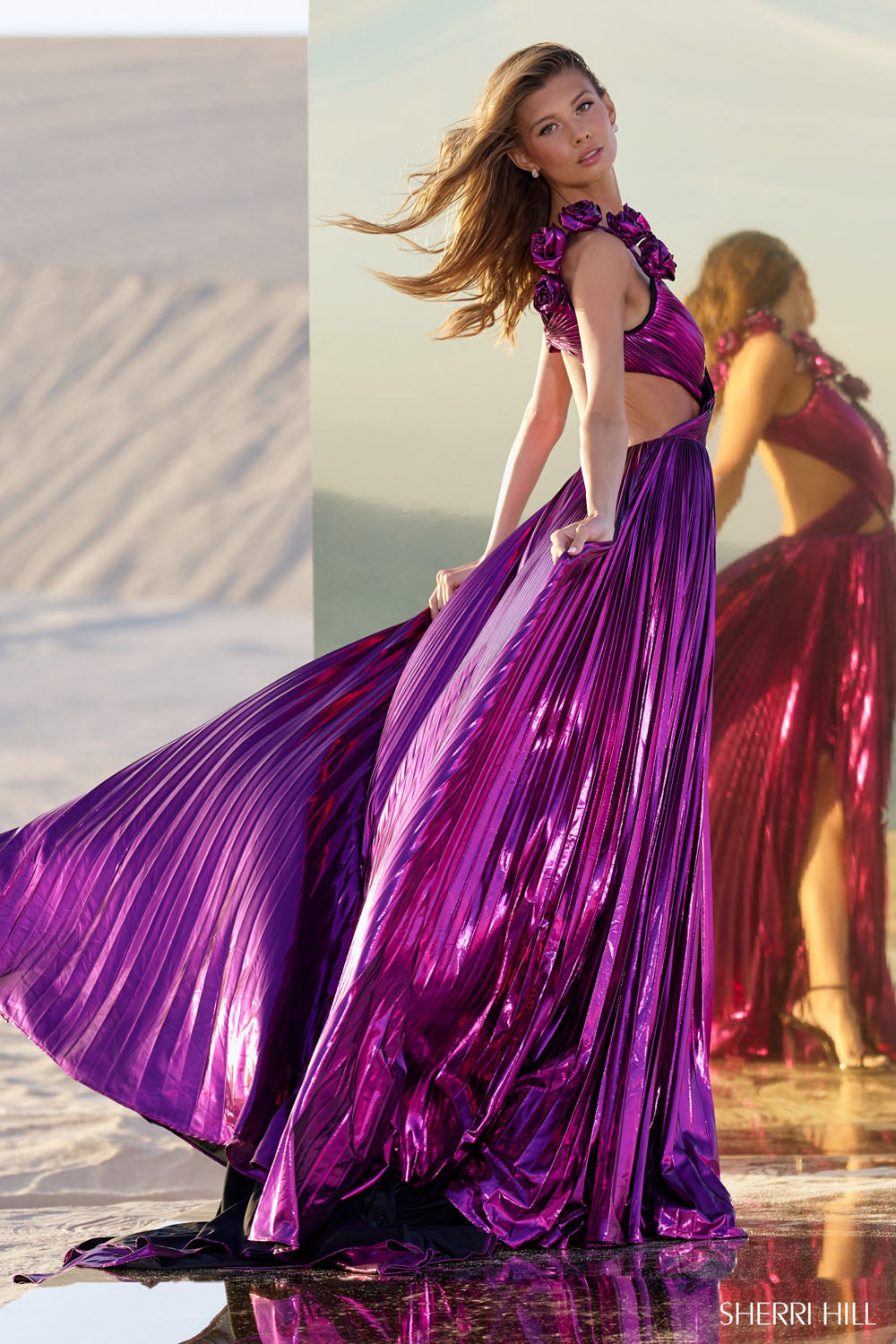 Sherri Hill 56827 prom dress images. Sherri Hill 56827 is available in these colors: Mocha, Chartreuse, Silver, Gold, Bright Peacock, Emerald, Fuchsia, Lilac, Yellow, Red, Peach, Light Blue, Pink.