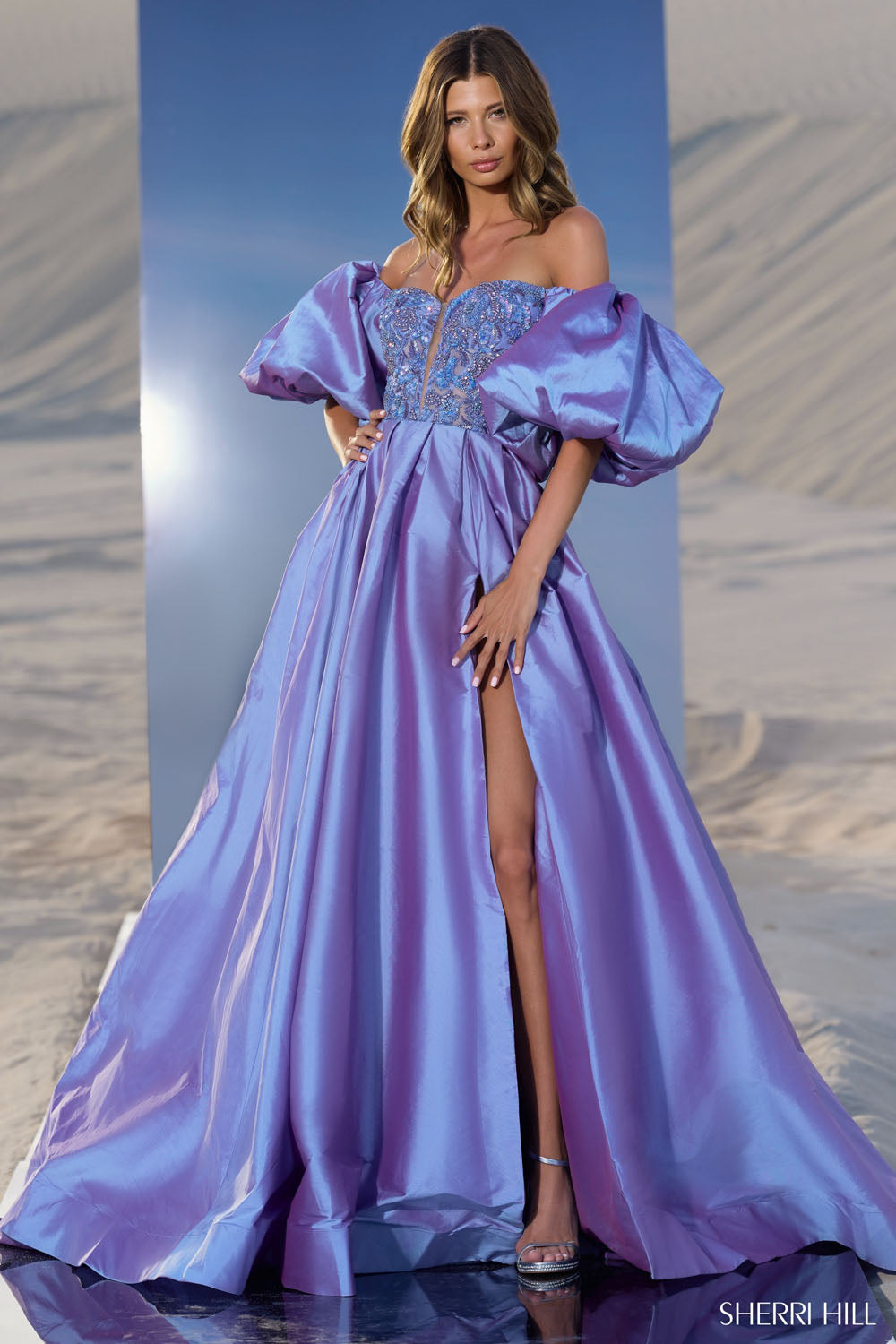 Sherri Hill 56843 prom dress images. Sherri Hill 56843 is available in these colors: Periwinkle, Yellow, Emerald, Bright Fuchsia, Light Blue, Peacock, Red, Chartreuse, Blush.