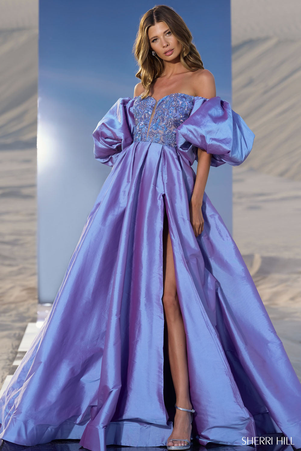 Sherri Hill 56843 prom dress images. Sherri Hill 56843 is available in these colors: Periwinkle, Yellow, Emerald, Bright Fuchsia, Light Blue, Peacock, Red, Chartreuse, Blush.