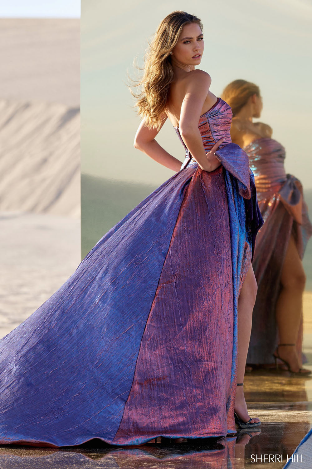 Sherri Hill 56850 prom dress images. Sherri Hill 56850 is available in these colors: Blue Green Multi, Turquoise Coffee, Royal, Red, Peacock, Emerald, Fuchsia, Bright Pink, Blue Green, Black.