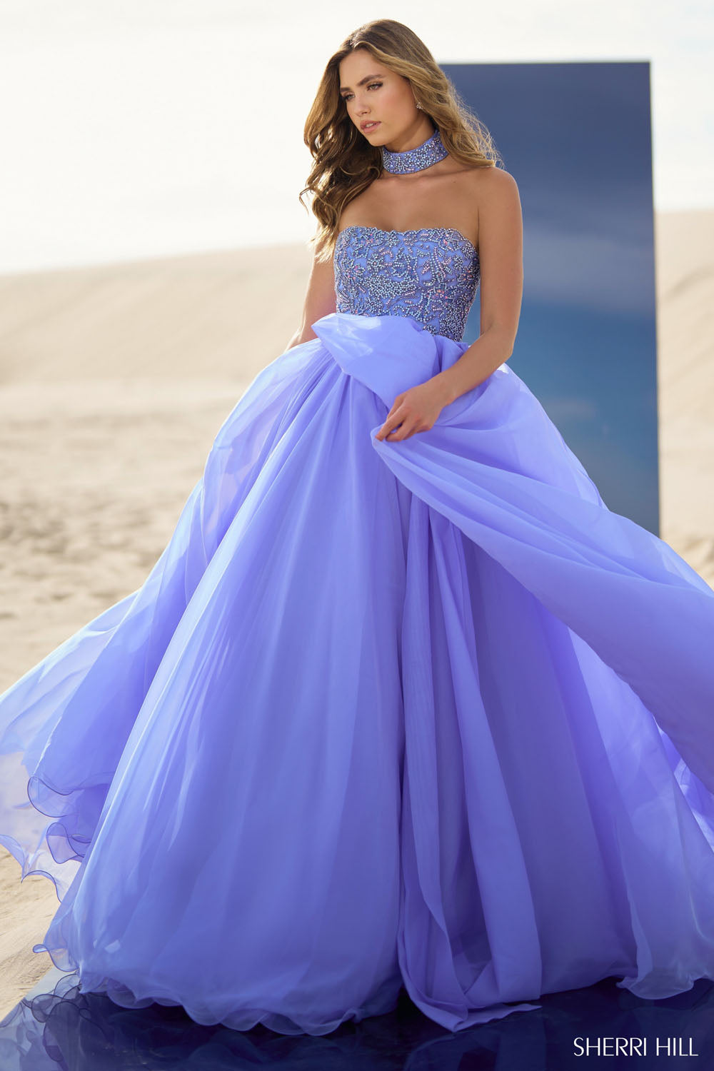 Sherri Hill 56852 prom dress images. Sherri Hill 56852 is available in these colors: Candy Pink, Light Orange, Light Yellow, Chartreuse, Red, Periwinkle, Peacock, Bright Fuchsia, Emerald.