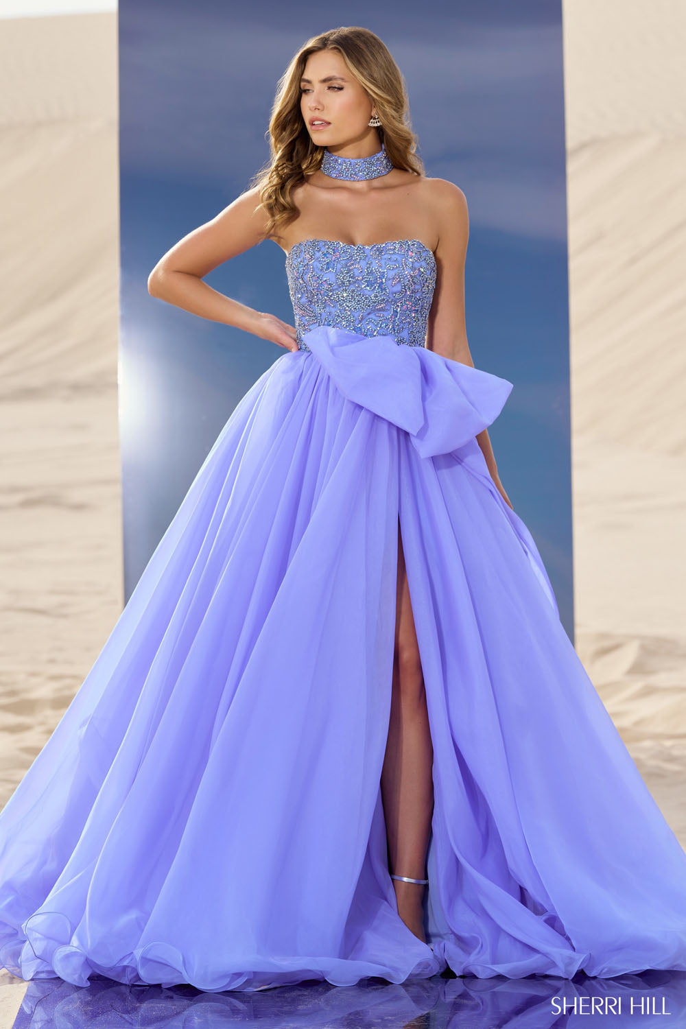 Sherri Hill 56852 prom dress images. Sherri Hill 56852 is available in these colors: Candy Pink, Light Orange, Light Yellow, Chartreuse, Red, Periwinkle, Peacock, Bright Fuchsia, Emerald.