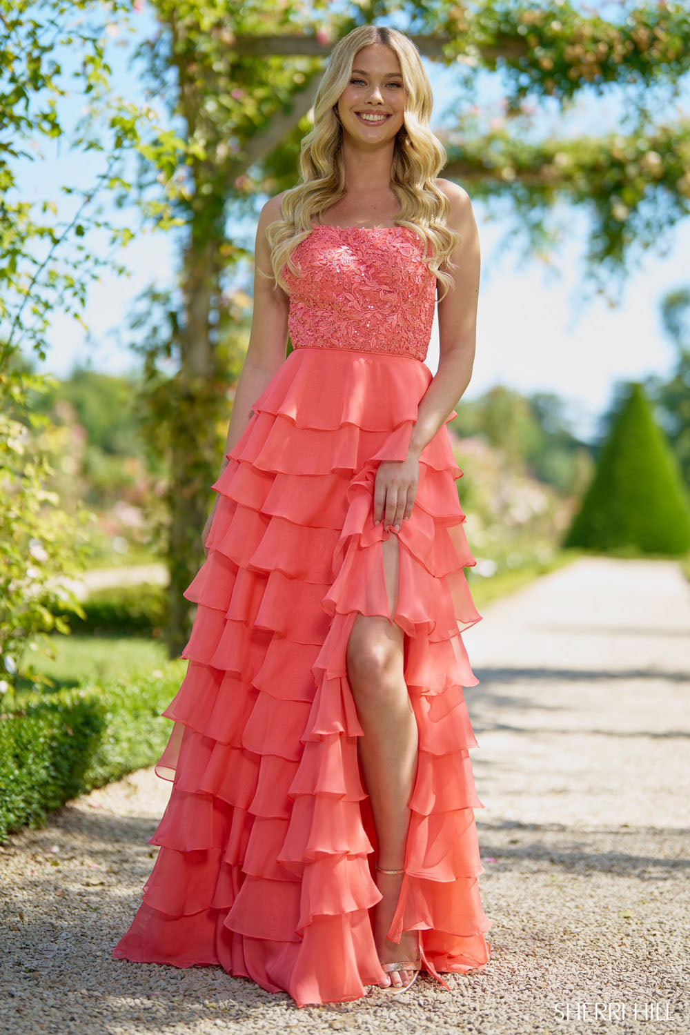 Sherri Hill 56866 prom dress images. Sherri Hill 56866 is available in these colors: Navy, Coral, Ivory Nude, Bright Pink, Light Blue, Yellow, Red, Black, Lilac, Periwinkle, Royal, Peacock, Magenta, Emerald, Blush.