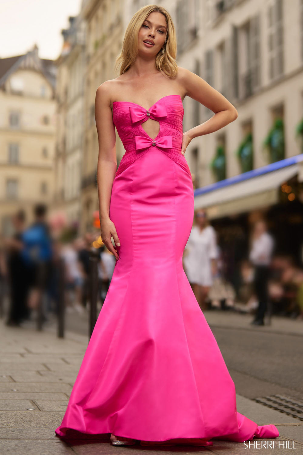 Sherri Hill 56875 prom dress images. Sherri Hill 56875 is available in these colors: Emerald, Light Blue, Yellow, Black, Red, Bright Pink, Royal.