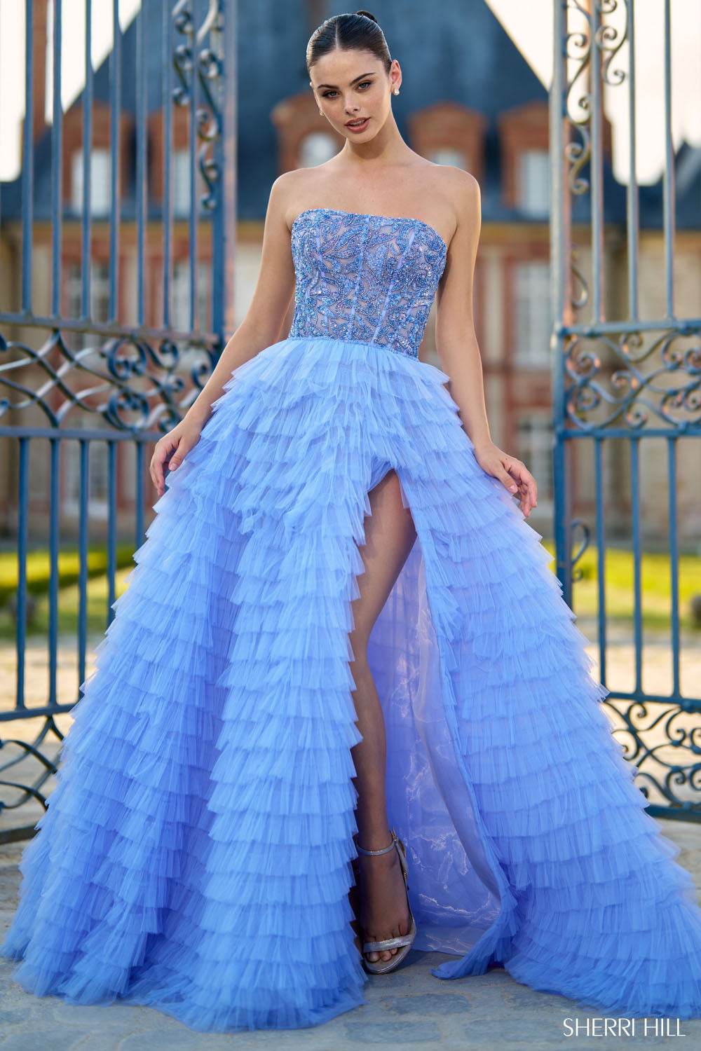 Sherri Hill 56883 prom dress images. Sherri Hill 56883 is available in these colors: Periwinkle, Yellow Nude, Red Nude, Light Blue Nude.