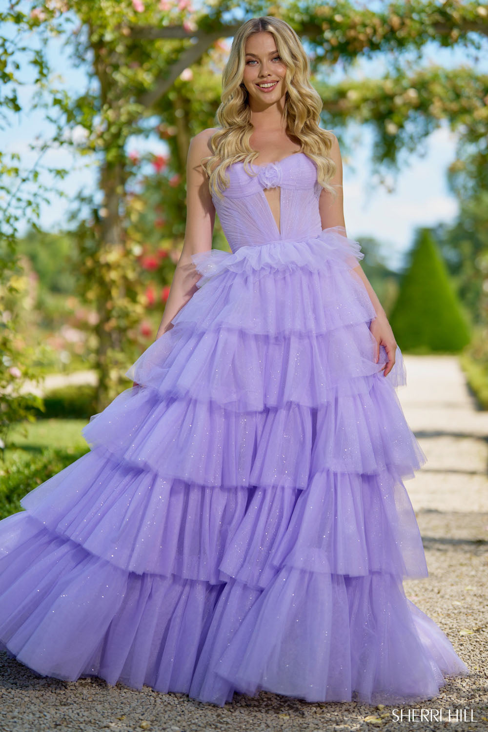 Sherri Hill 56884 prom dress images. Sherri Hill 56884 is available in these colors: Lilac, Bright Pink.