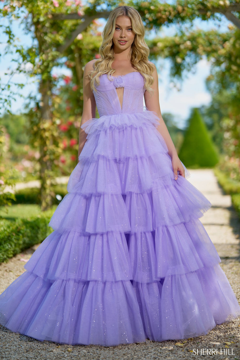 Sherri Hill 56884 prom dress images. Sherri Hill 56884 is available in these colors: Lilac, Bright Pink.