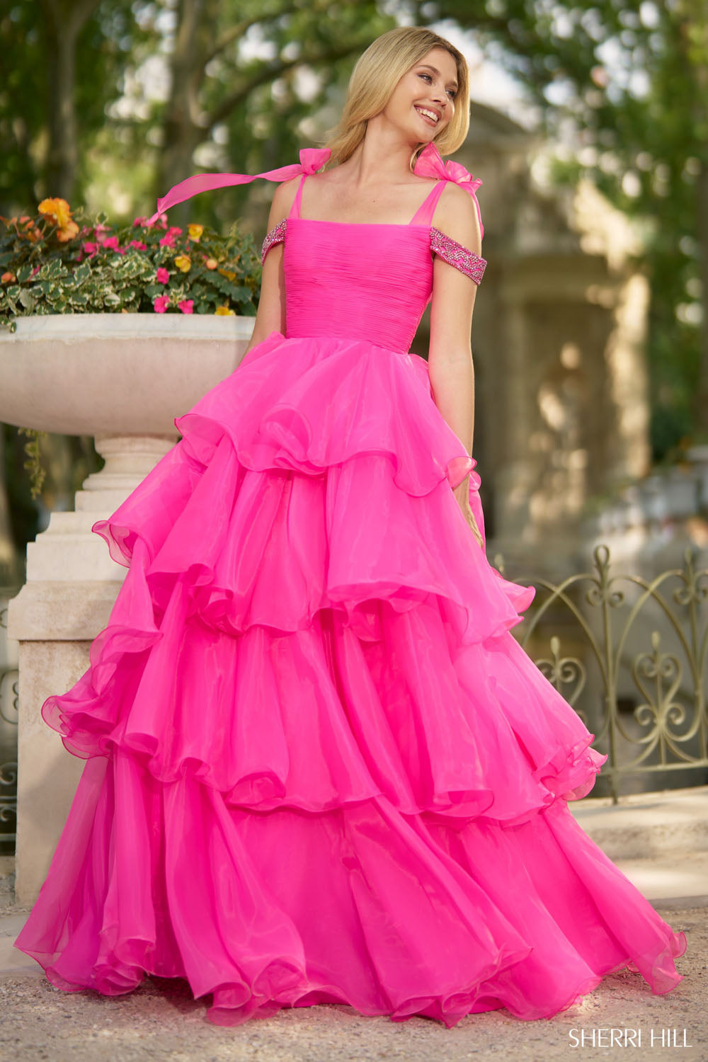 Sherri Hill 56927 prom dress images. Sherri Hill 56927 is available in these colors: Bright Fuchsia, Bright Turquoise, Light Blue, Periwinkle.