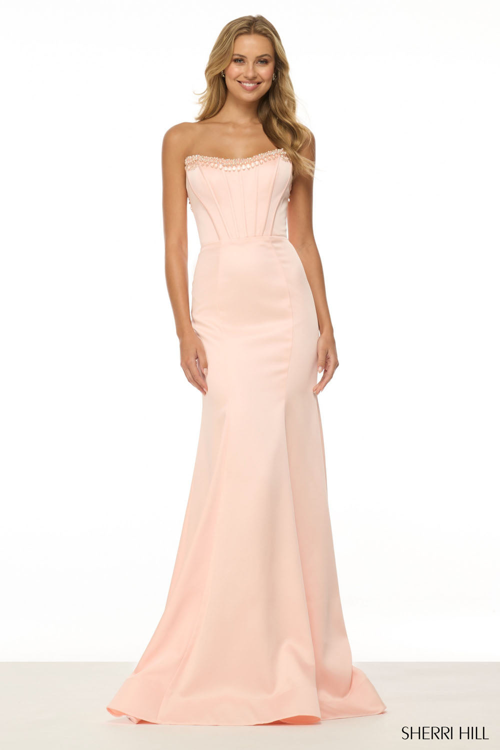 Sherri Hill 56941 prom dress images. Sherri Hill 56941 is available in these colors: Ivory, Peach, Light Pink, Mint, Blue, Black.
