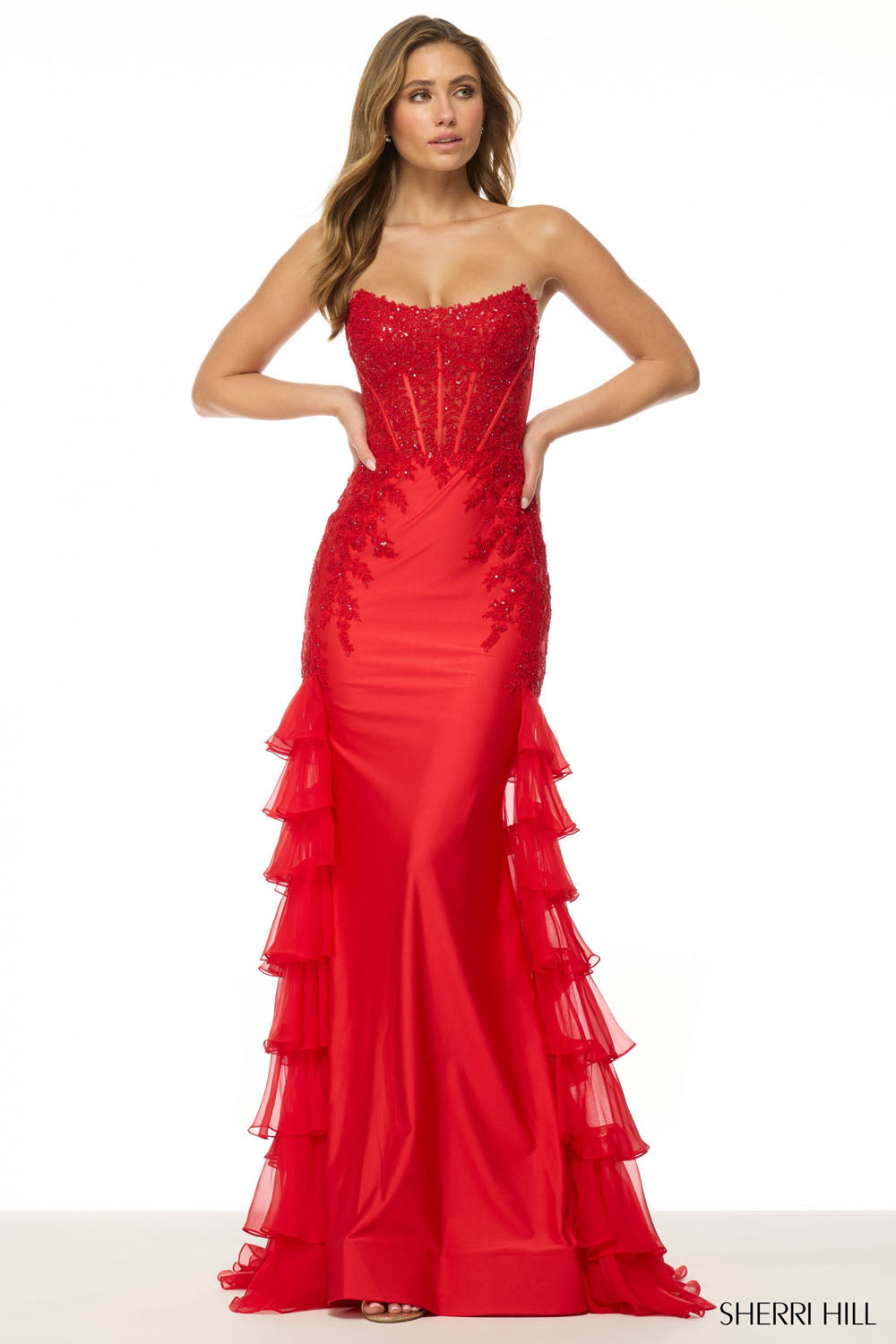 Sherri Hill 56944 prom dress images. Sherri Hill 56944 is available in these colors: Light Blue, Red, Black, Navy, Lilac.