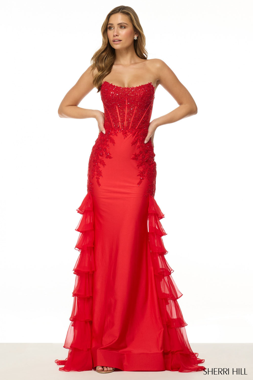 Sherri Hill 56944 prom dress images. Sherri Hill 56944 is available in these colors: Light Blue, Red, Black, Navy, Lilac.