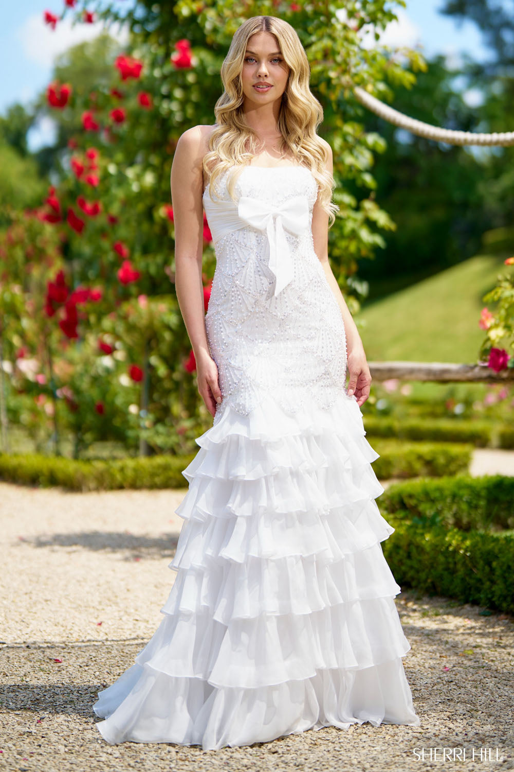 Sherri Hill 56949 prom dress images. Sherri Hill 56949 is available in these colors: Ivory, Champagne, Peach, Black, Red.