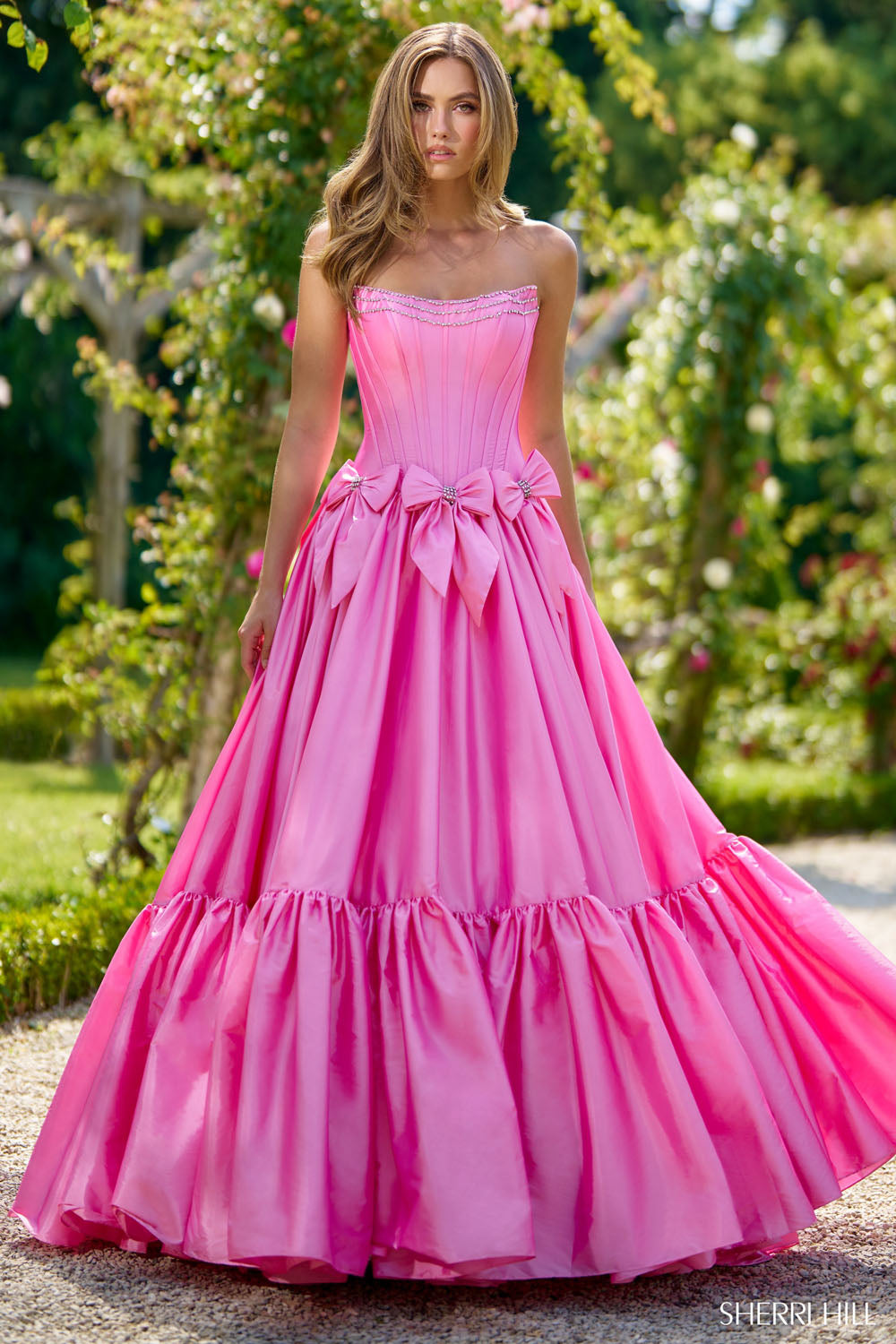 Sherri Hill 56958 prom dress images. Sherri Hill 56958 is available in these colors: Light Blue, Royal, Black, Yellow, Red, Fuchsia, Pink, Emerald, Ivory.