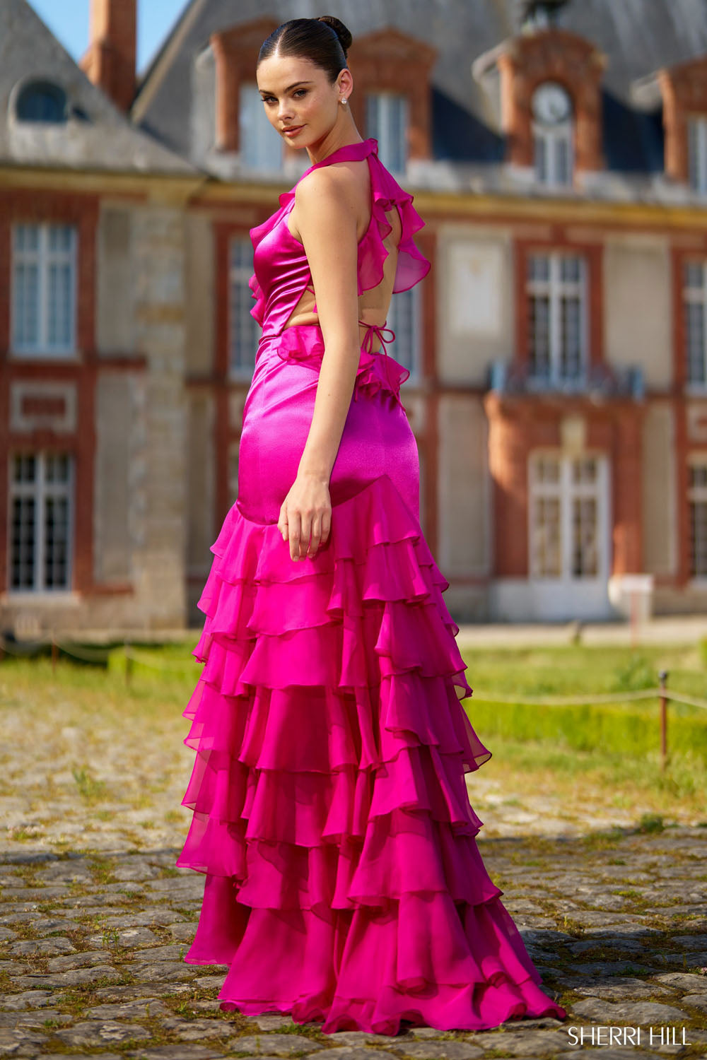 Sherri Hill 56974 prom dress images. Sherri Hill 56974 is available in these colors: Berry, Lilac, Light Blue, Yellow, Black, Red, Navy, Blush, Bright Fuchsia.