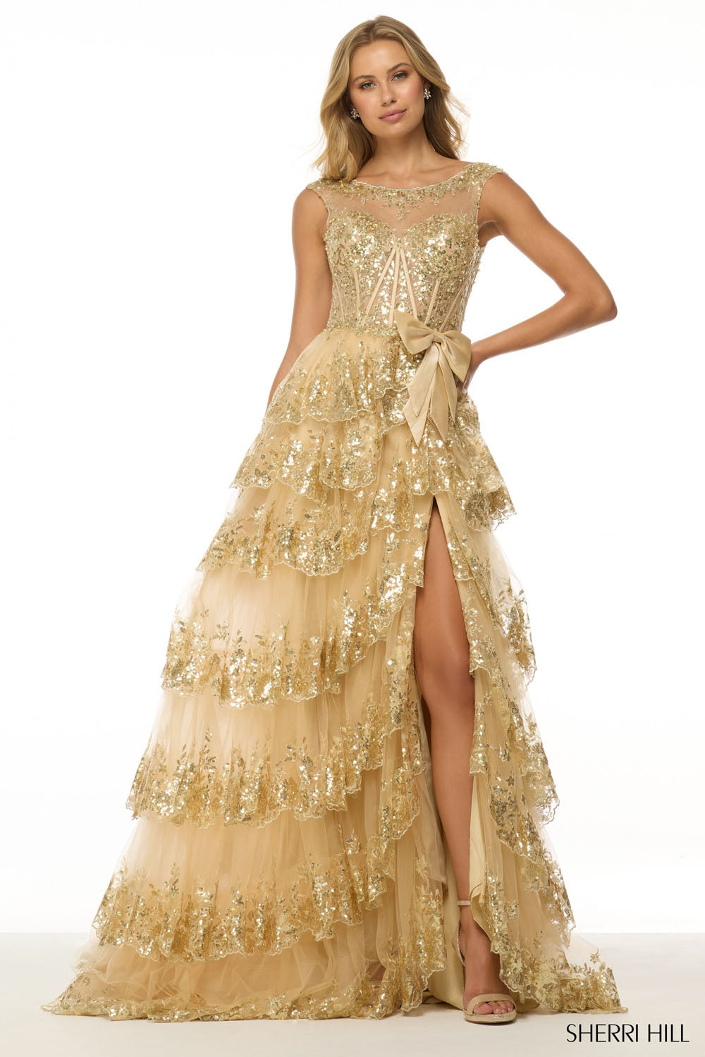 Sherri Hill 57000 prom dress images. Sherri Hill 57000 is available in these colors: Lilac, Light Blue, Ivory, Black, Red, Blush, Periwinkle, Navy, Bright Fuchsia, Gold.