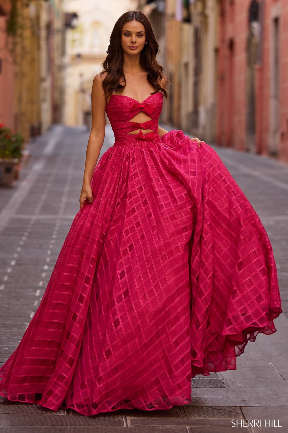 Sherri Hill 57030 prom dress images. Sherri Hill 57030 is available in these colors: Light Blue, Yellow, Black, Ivory, Blush, Bright Fuchsia, Bright Pink, Red.