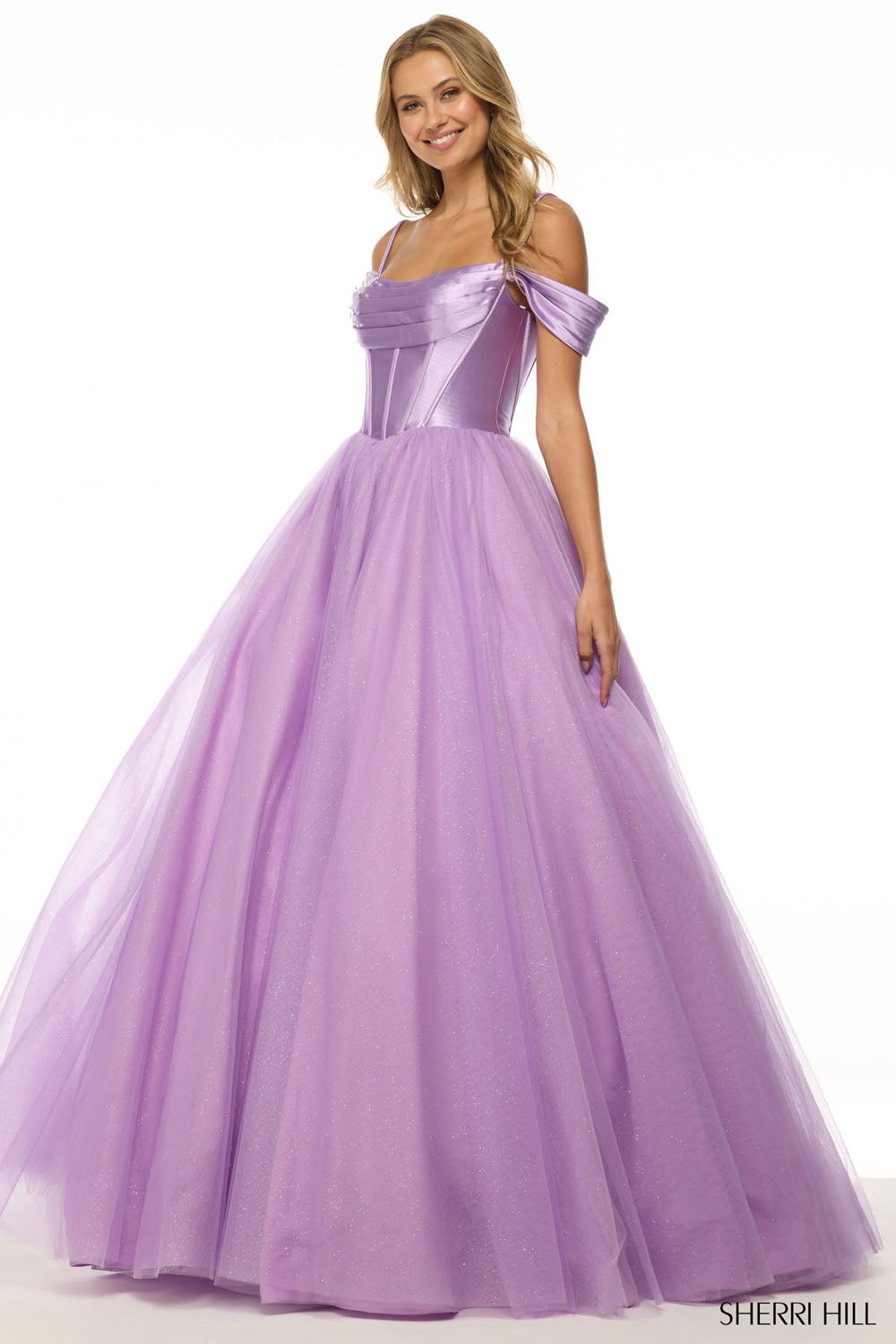 Sherri Hill 57034 prom dress images. Sherri Hill 57034 is available in these colors: Ivory, Black, Light Periwinkle, Lilac, Light Yellow, Light Blue, Blush, Peach.