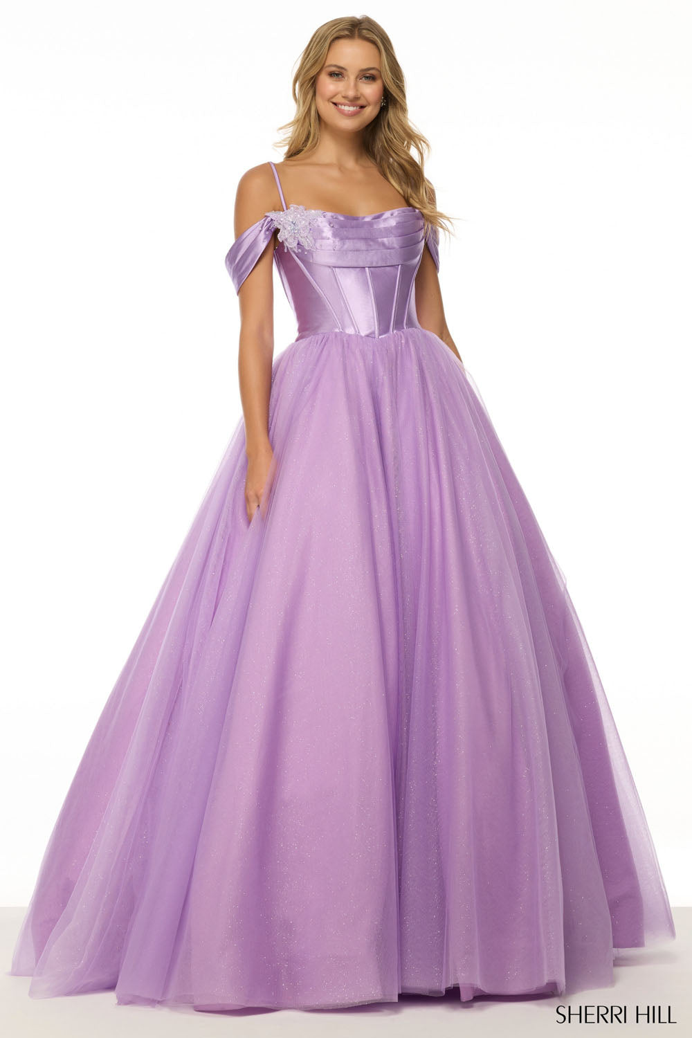 Sherri Hill 57034 prom dress images. Sherri Hill 57034 is available in these colors: Ivory, Black, Light Periwinkle, Lilac, Light Yellow, Light Blue, Blush, Peach.