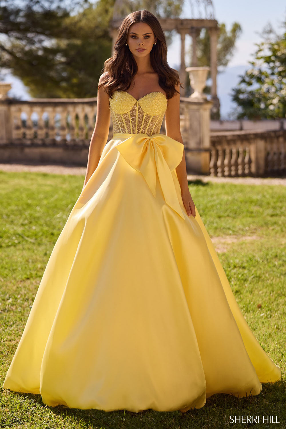 Sherri Hill 57035 prom dress images. Sherri Hill 57035 is available in these colors: Aqua, Light Yellow, Ivory, Lilac, Light Periwinkle, Pink, Light Blue.