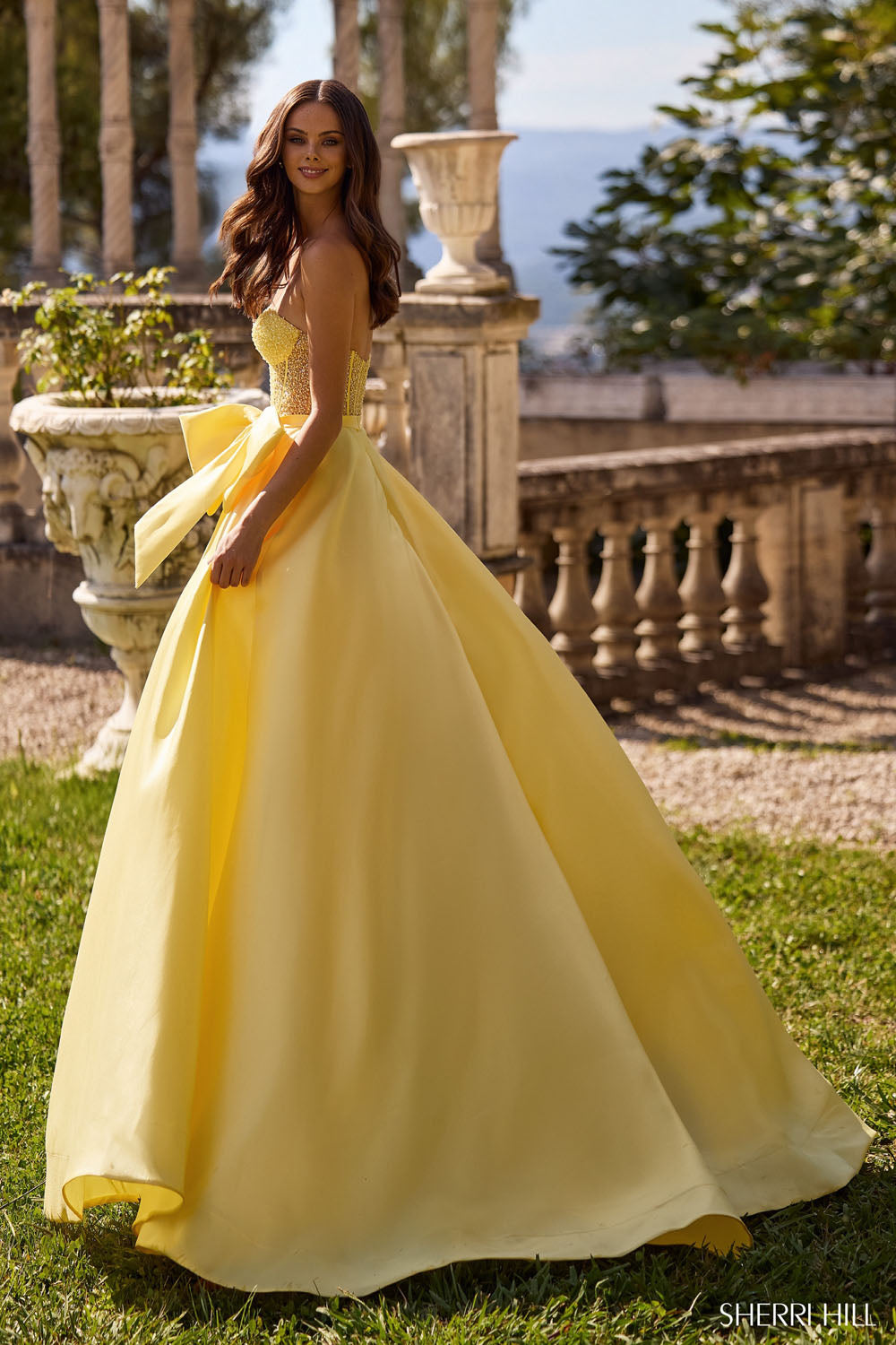 Sherri Hill 57035 prom dress images. Sherri Hill 57035 is available in these colors: Aqua, Light Yellow, Ivory, Lilac, Light Periwinkle, Pink, Light Blue.