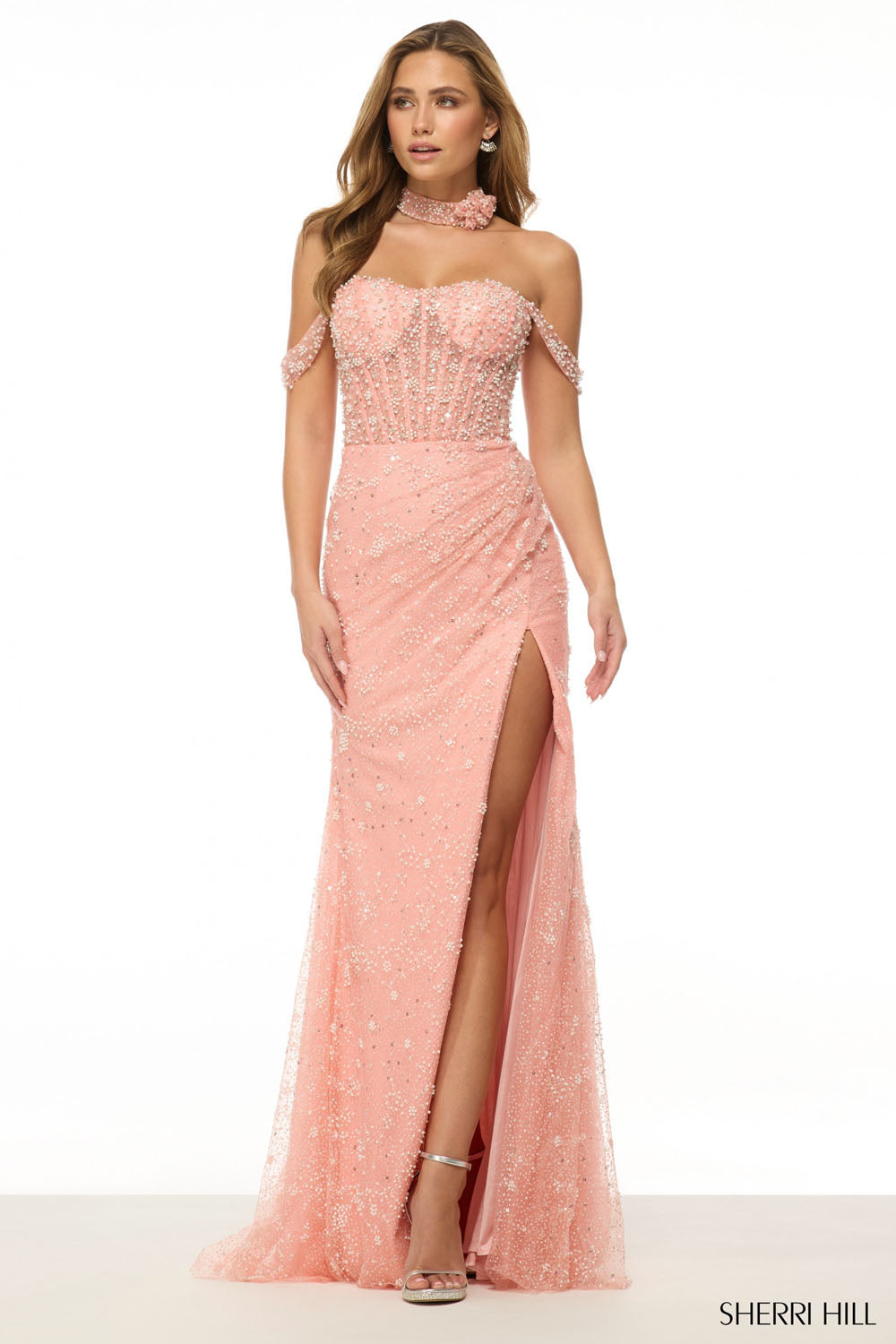 Sherri Hill 57049 prom dress images. Sherri Hill 57049 is available in these colors: Coral, Lilac, Blush, Light Blue, Ivory.