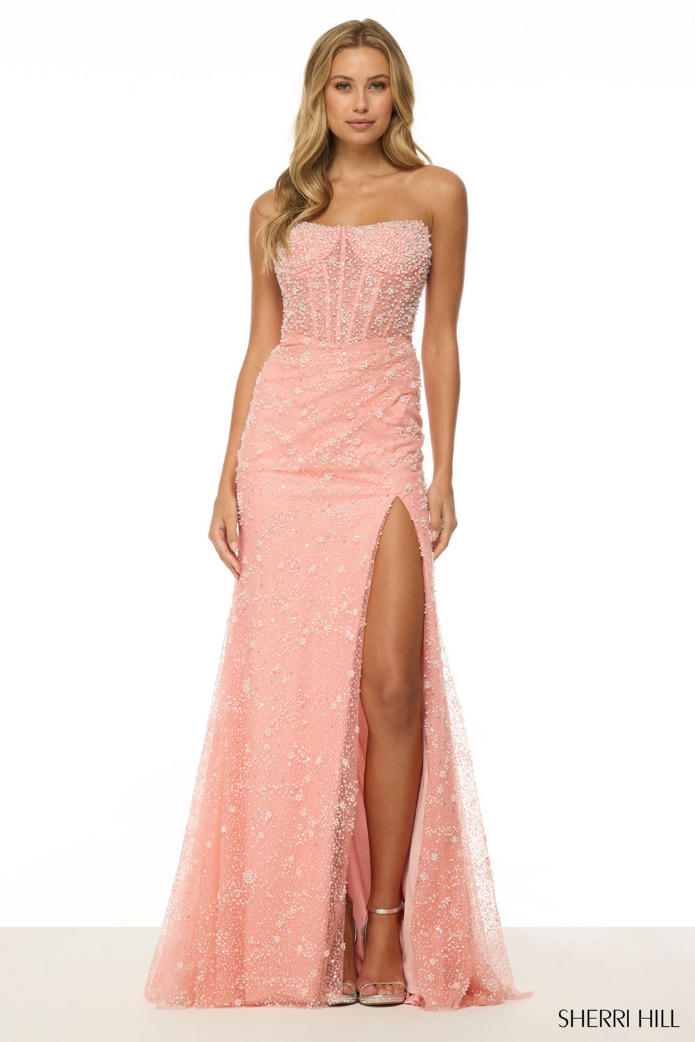 Sherri Hill 57050 prom dress images. Sherri Hill 57050 is available in these colors: Coral, Lilac, Blush, Light Blue, Ivory.
