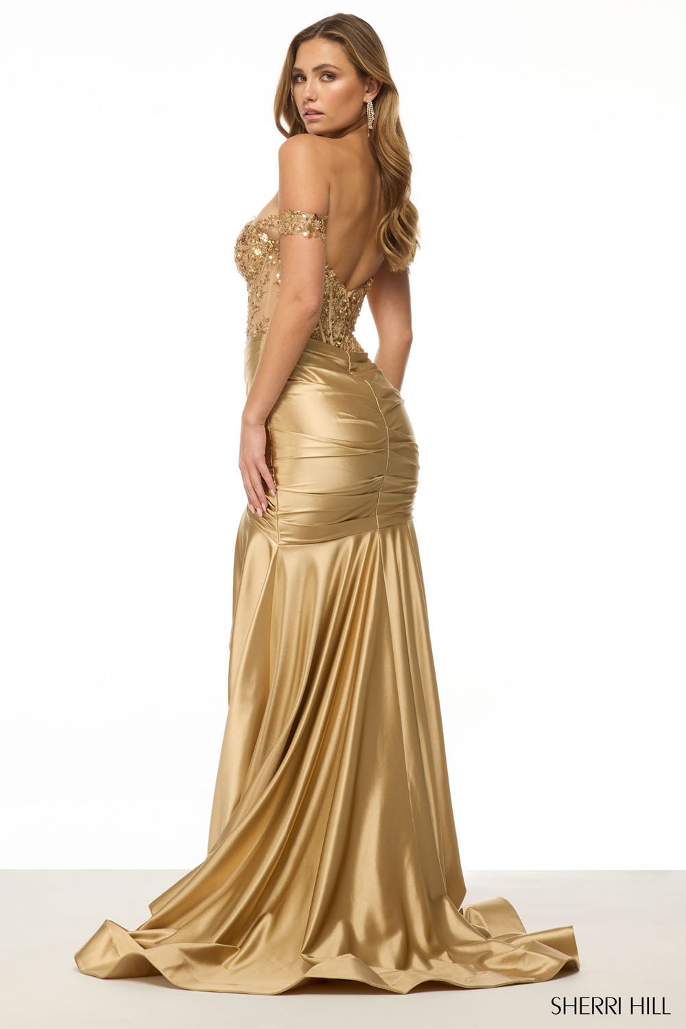 Sherri Hill 57053 prom dress images. Sherri Hill 57053 is available in these colors: Peacock, Ivory, Antique Blue, Pink, Light Blue, Gold, Navy, Black, Silver, Blush.