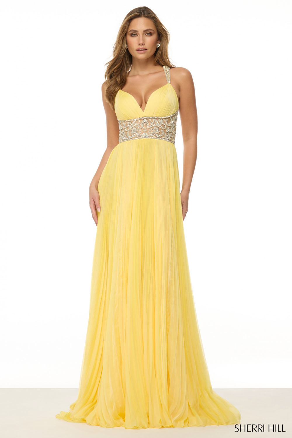 Sherri Hill 57054 prom dress images. Sherri Hill 57054 is available in these colors: Navy, Strawberry, Purple, Yellow, Periwinkle, Orange, Berry.