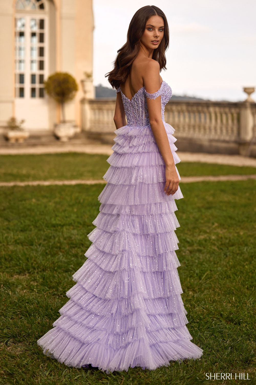 Sherri Hill 57073 prom dress images. Sherri Hill 57073 is available in these colors: Light Blue, Lilac, Blush.