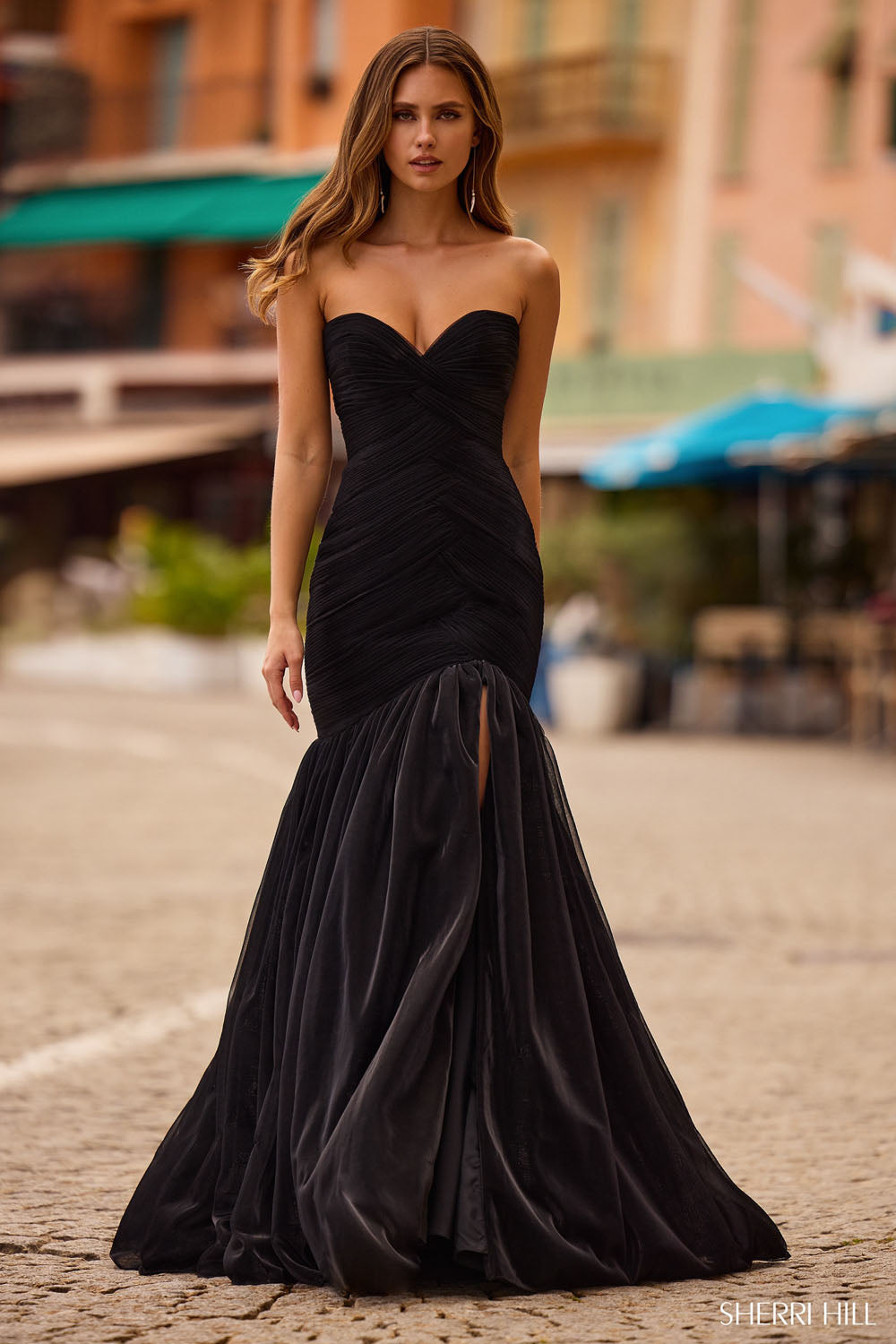 Sherri Hill 57074 prom dress images. Sherri Hill 57074 is available in these colors: Gunmetal, Blush, Ocean Blue, Black, Wine, Royal, Orchid.