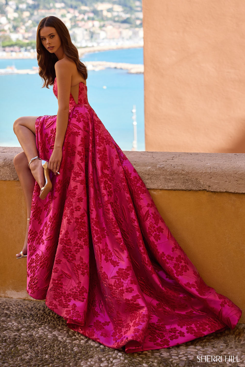 Sherri Hill 57077 prom dress images. Sherri Hill 57077 is available in these colors: Black Print, Fuchsia Print, Grey Pink Print, Nude Lilac Print.