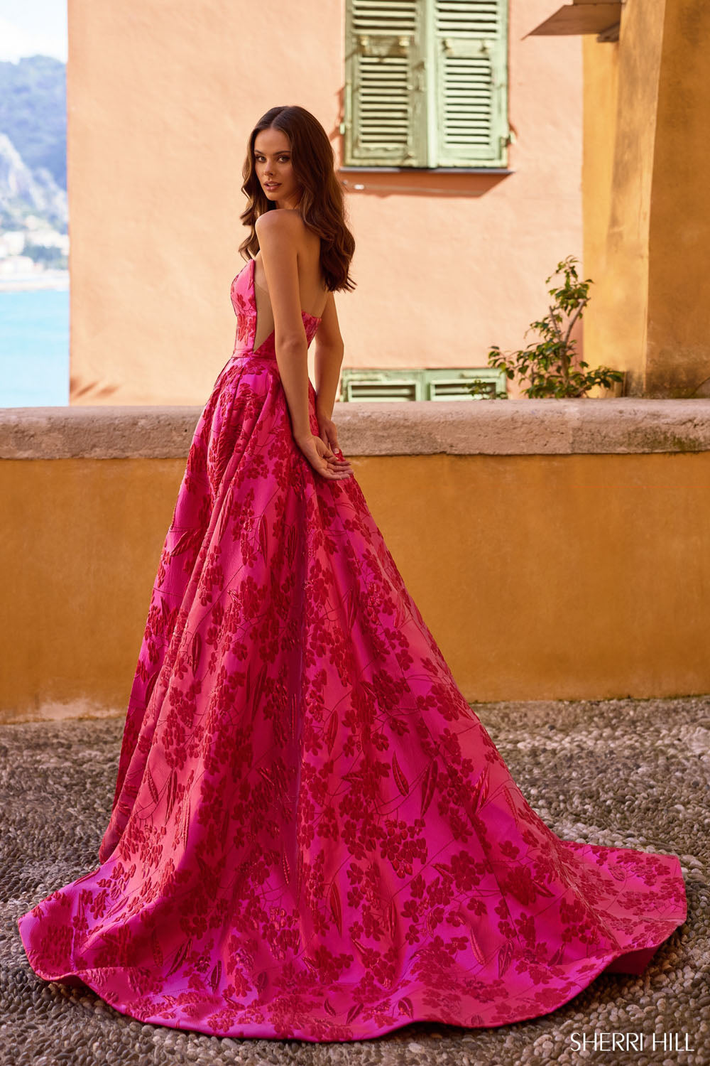 Sherri Hill 57077 prom dress images. Sherri Hill 57077 is available in these colors: Black Print, Fuchsia Print, Grey Pink Print, Nude Lilac Print.