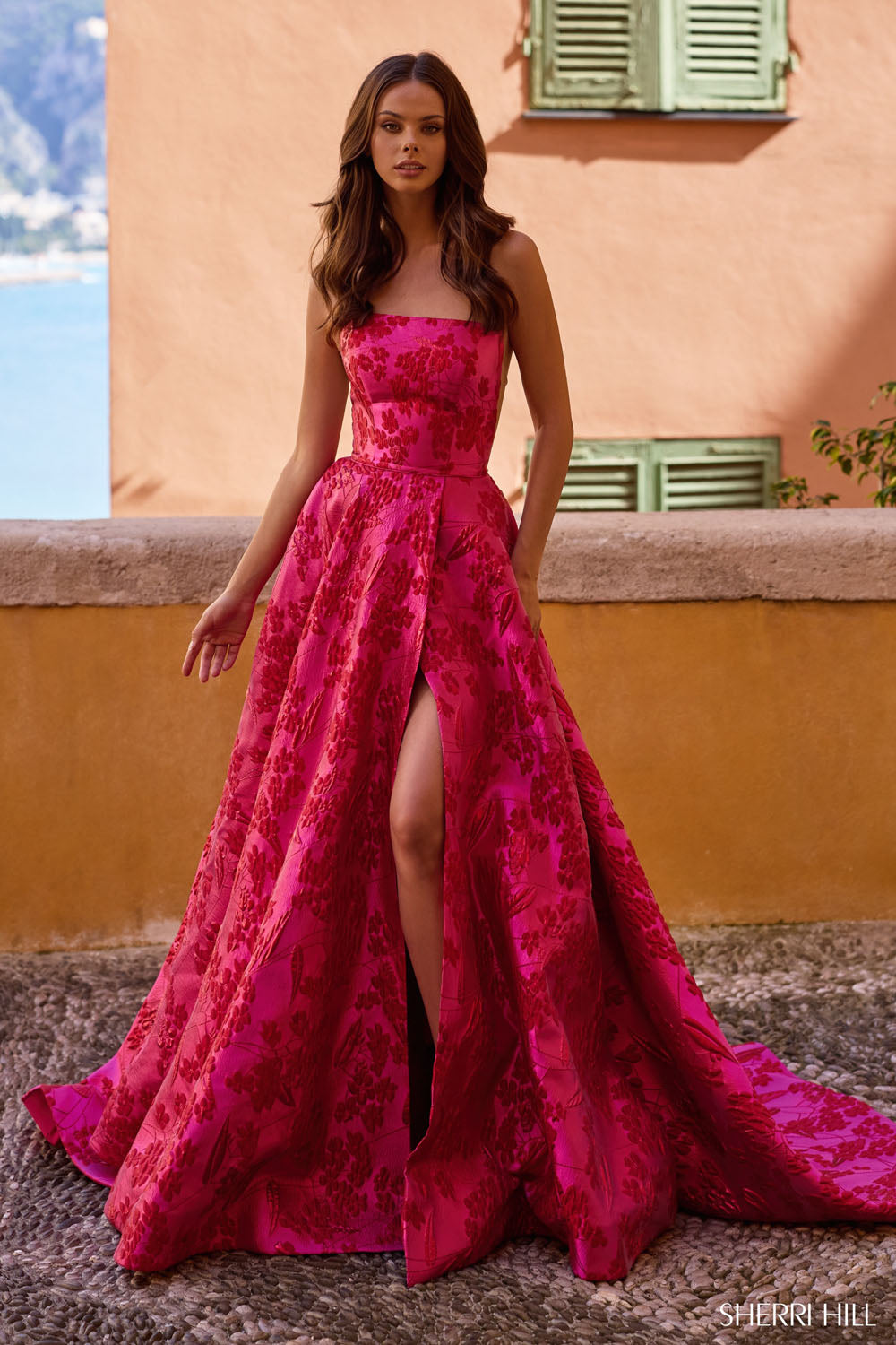 Sherri Hill 57077 prom dress images. Sherri Hill 57077 is available in these colors: Black Print, Fuchsia Print, Grey Pink Print, Nude Lilac Print.