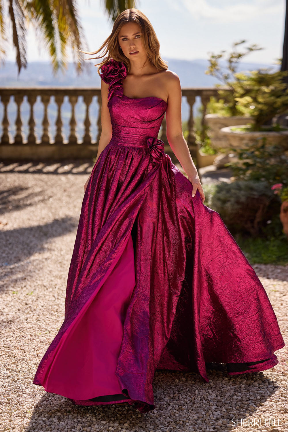 sherri hill fuchsia prom dress Sherri Hill Beaded Shoulder Corset Prom Dress 57014