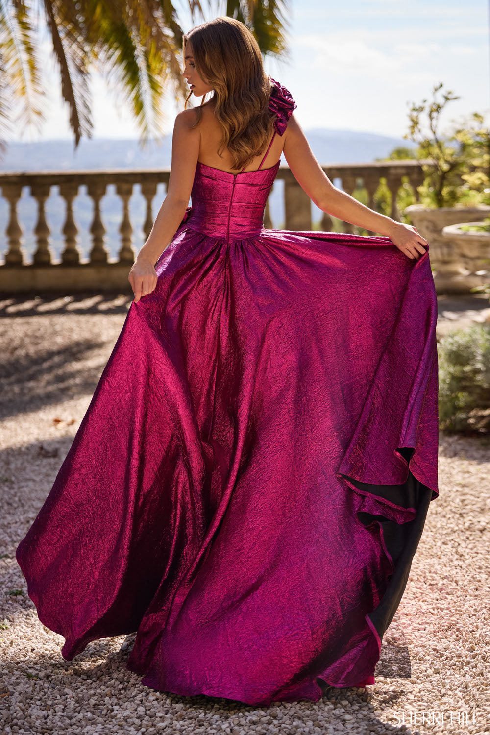 Sherri Hill 57090 prom dress images. Sherri Hill 57090 is available in these colors: Bright Pink, Royal, Black, Peacock, Fuchsia.