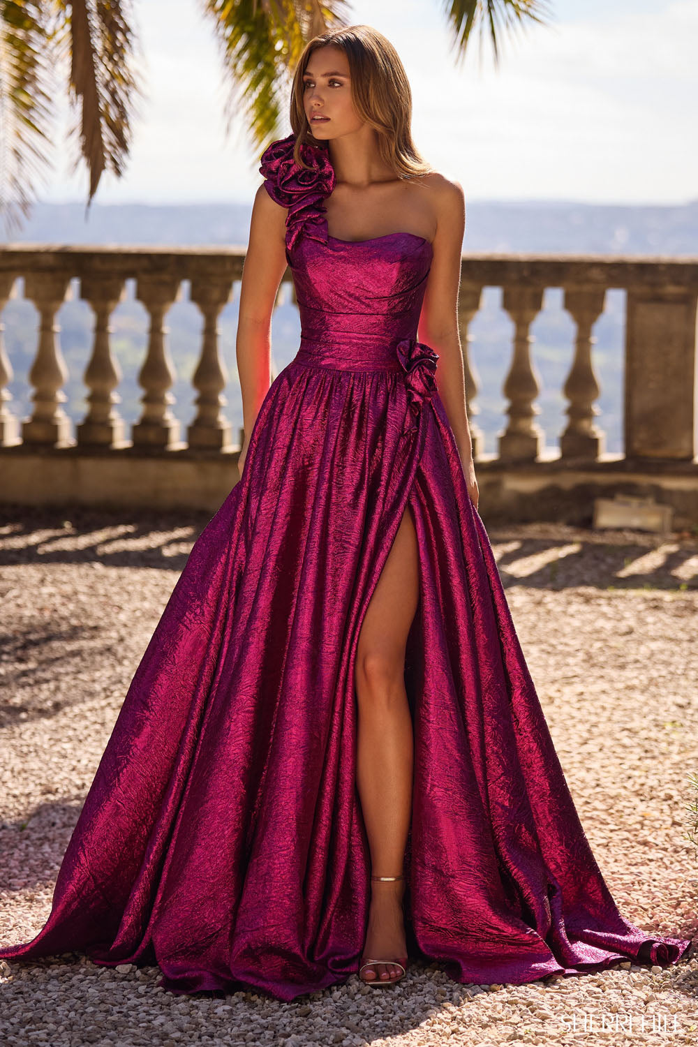 Sherri Hill 57090 prom dress images. Sherri Hill 57090 is available in these colors: Bright Pink, Royal, Black, Peacock, Fuchsia.