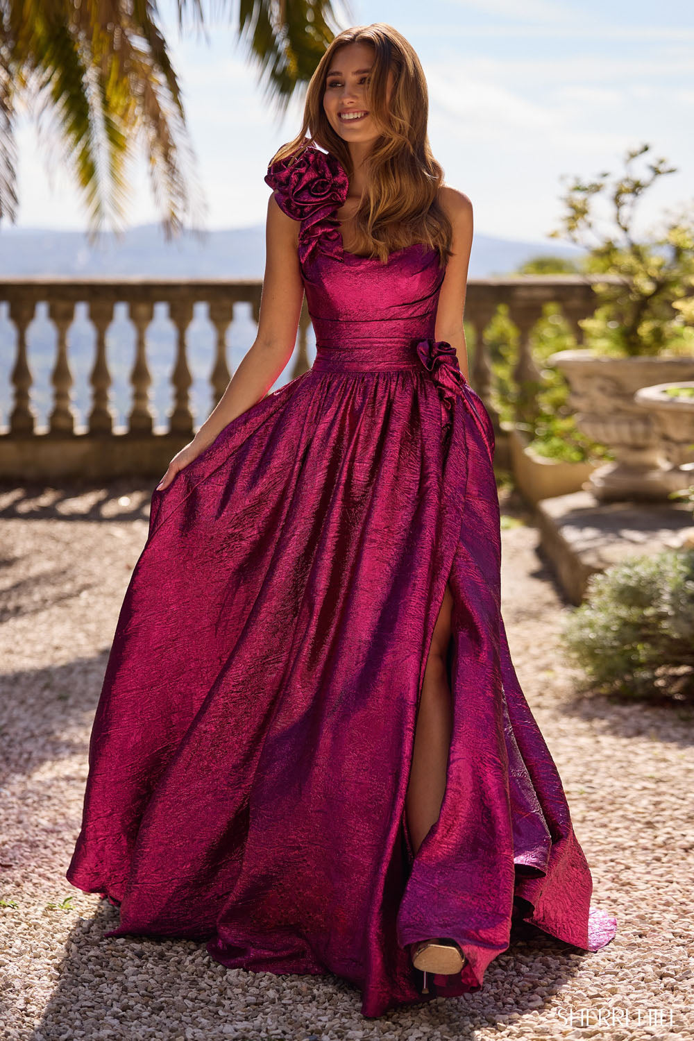 Sherri Hill 57090 prom dress images. Sherri Hill 57090 is available in these colors: Bright Pink, Royal, Black, Peacock, Fuchsia.