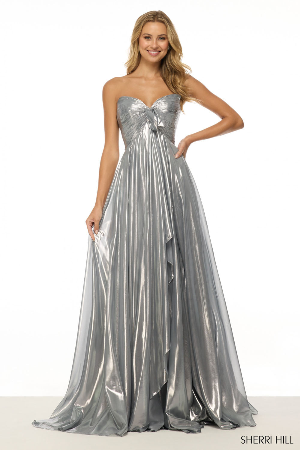 Sherri Hill 57108 prom dress images. Sherri Hill 57108 is available in these colors: Light Blue, Silver, Lilac, Fuchsia, Pink, Gunmetal, Gold, Orange.