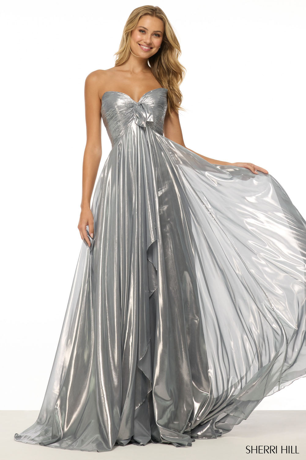Sherri Hill 57108 prom dress images. Sherri Hill 57108 is available in these colors: Light Blue, Silver, Lilac, Fuchsia, Pink, Gunmetal, Gold, Orange.