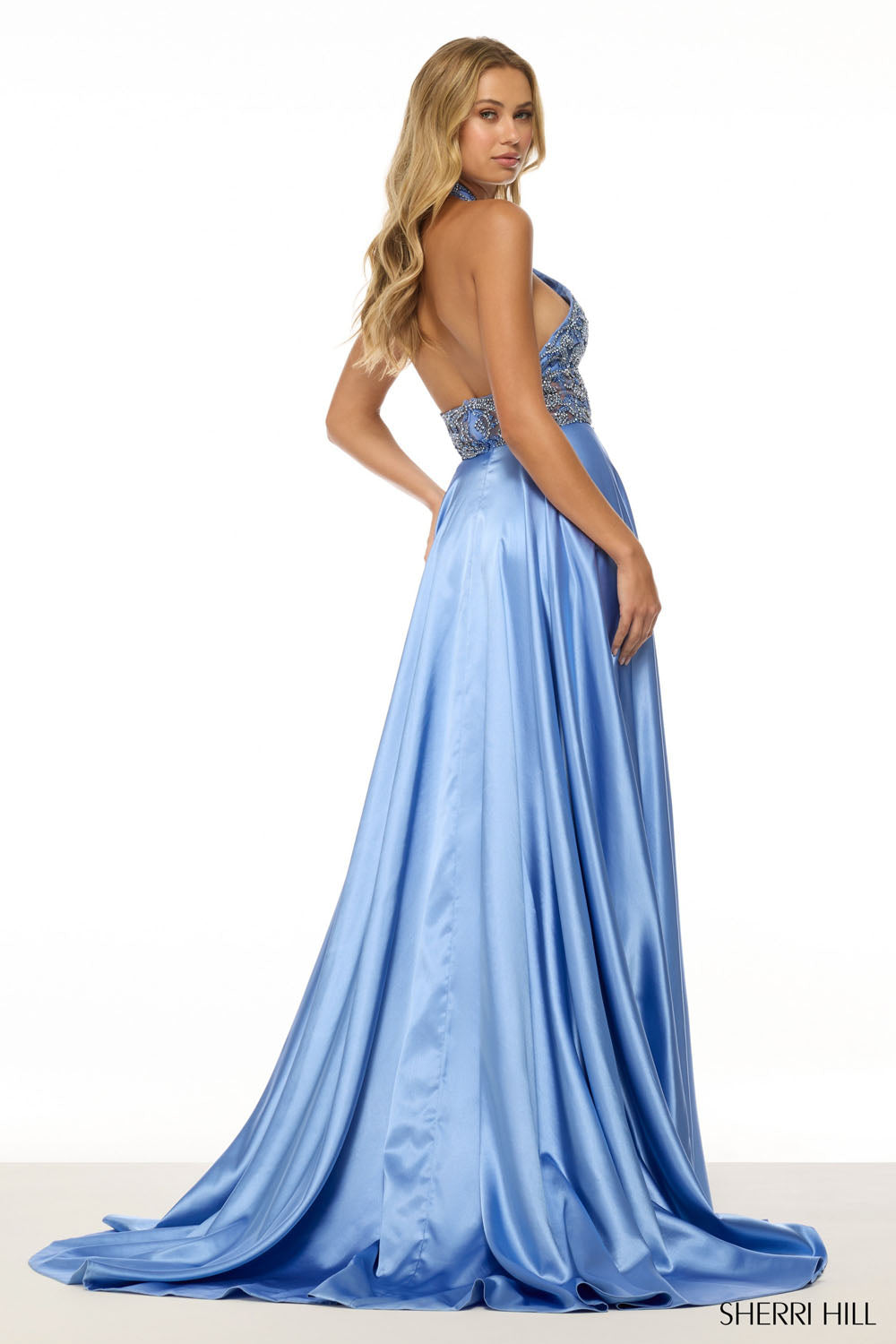 Sherri Hill 57109 prom dress images. Sherri Hill 57109 is available in these colors: Peacock, Black, Periwinkle, Fuchsia, Red, Emerald.