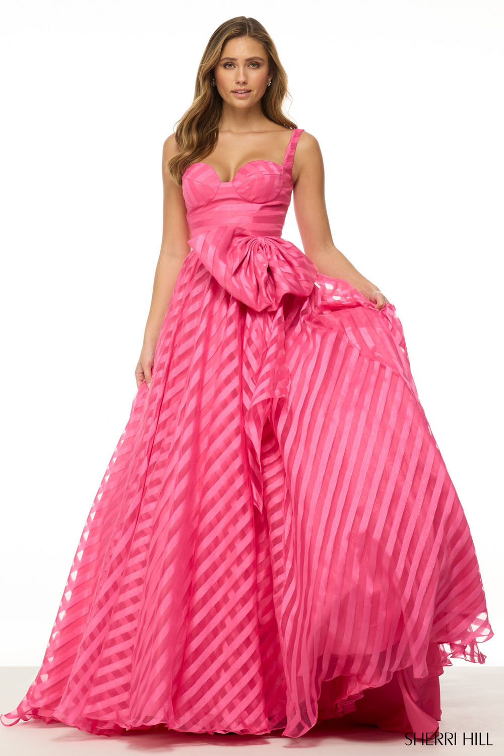 Sherri Hill 57116 prom dress images. Sherri Hill 57116 is available in these colors: Lilac, Light Blue, Yellow, Ivory, Red, Black, Bright Pink.
