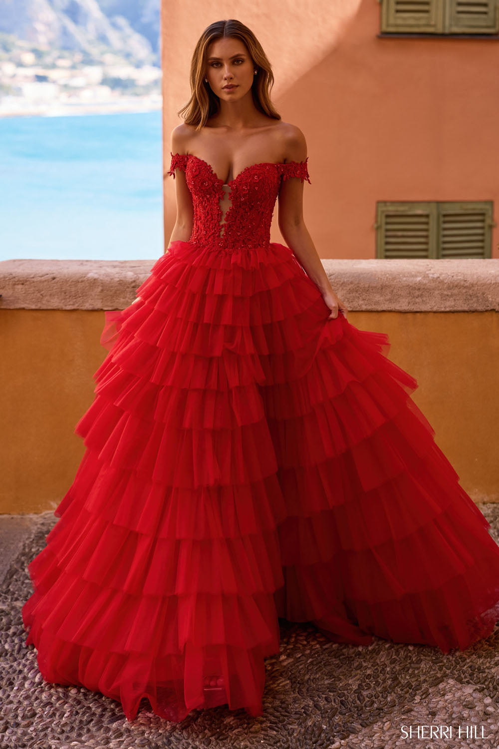 Sherri Hill 57120 prom dress images. Sherri Hill 57120 is available in these colors: Blush, Light Blue, Ivory, Black, Red.