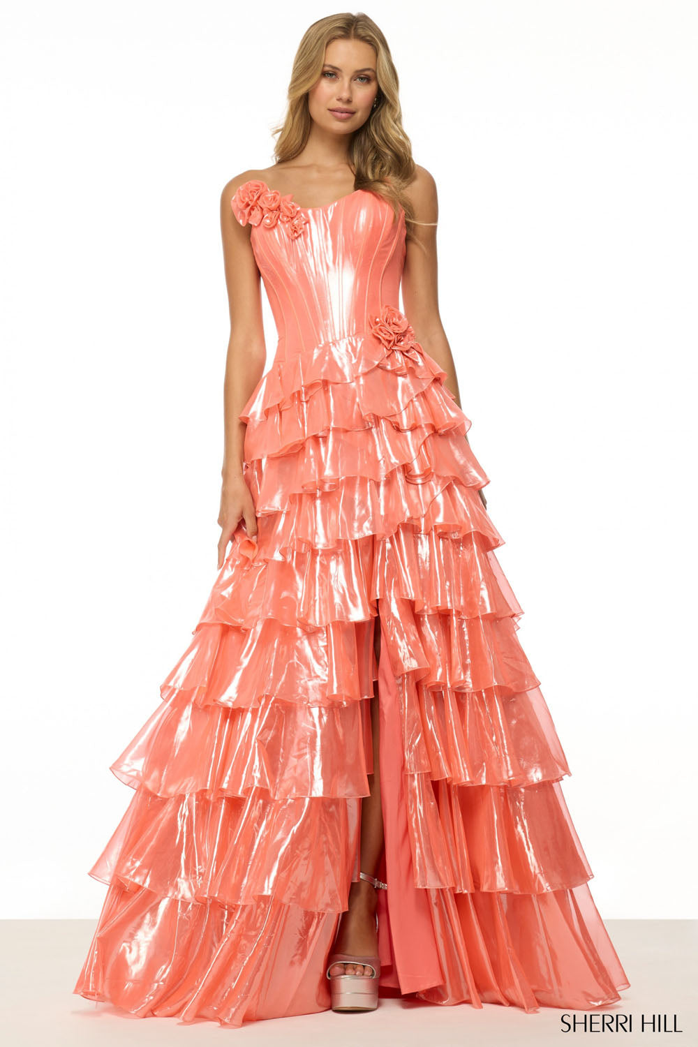 Sherri Hill 57125 prom dress images. Sherri Hill 57125 is available in these colors: Orange Pink, Blue.